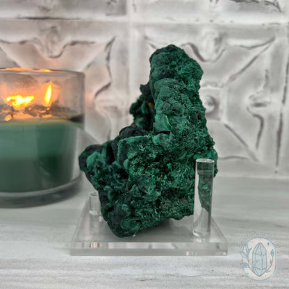 Silky Velvet Fibrous Malachite Specimen with Display Stand