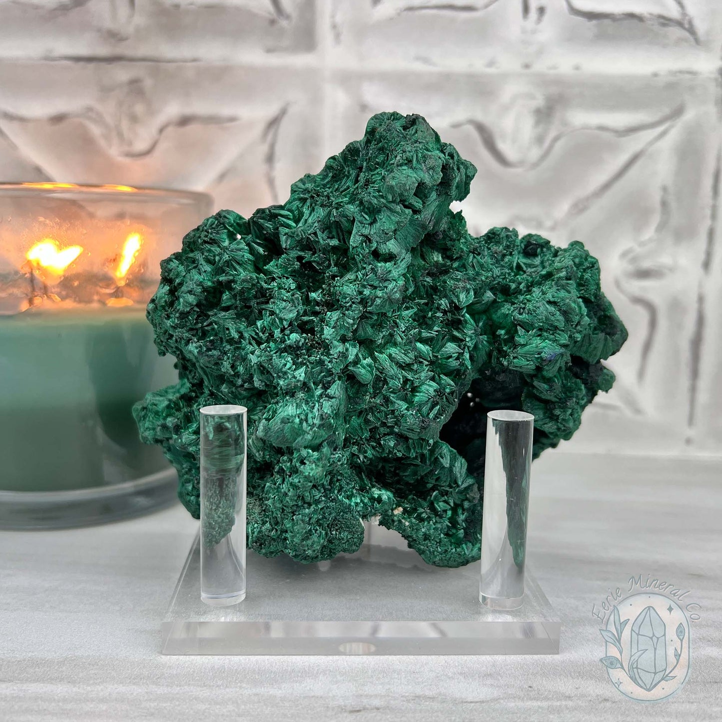 Silky Velvet Fibrous Malachite Specimen with Display Stand