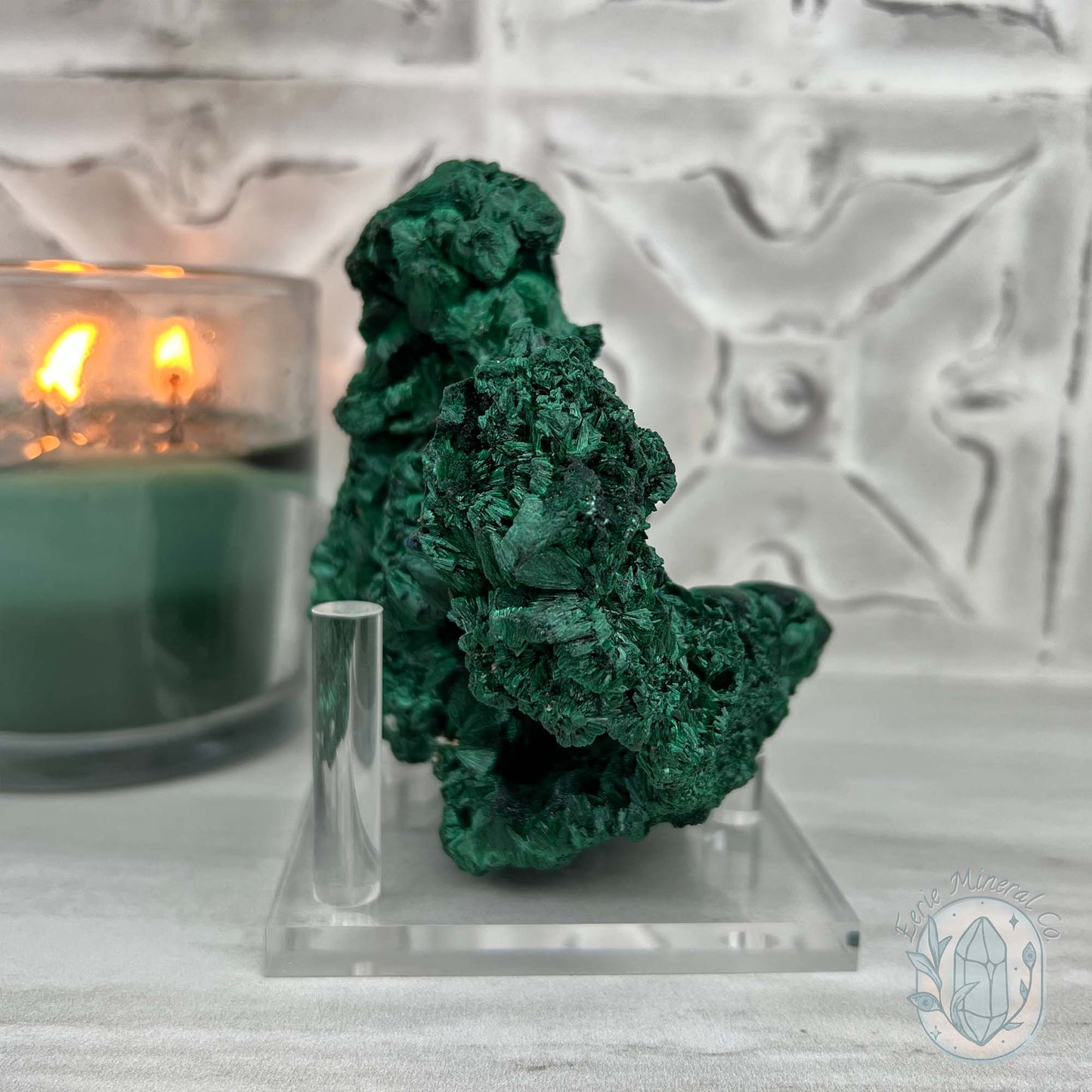 Silky Velvet Fibrous Malachite Specimen with Display Stand