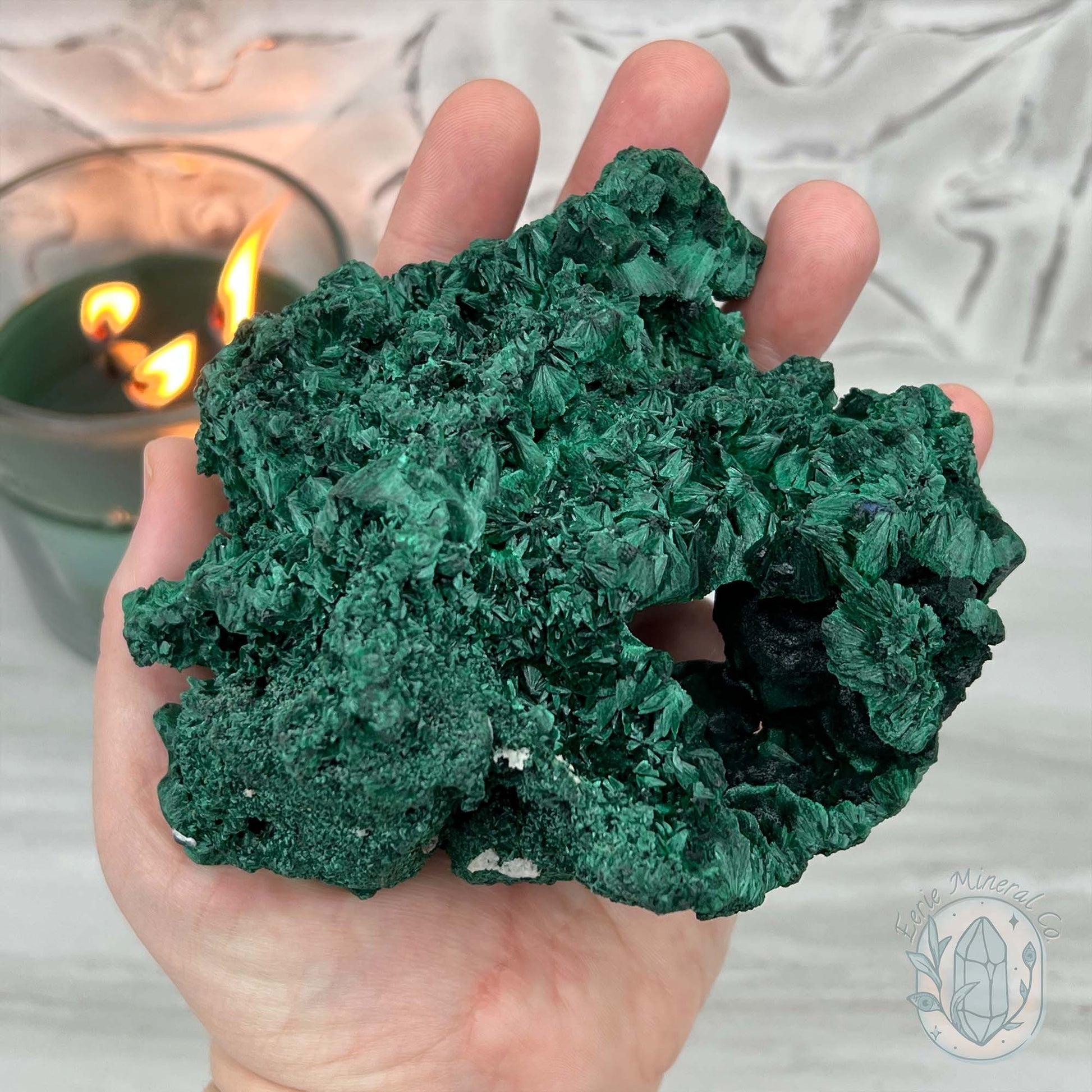 Silky Velvet Fibrous Malachite Specimen with Display Stand