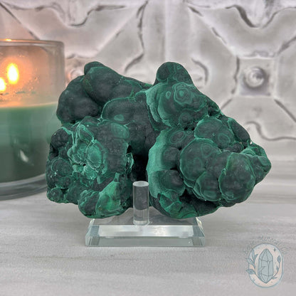 Silky Velvet Fibrous Malachite Specimen with Display Stand