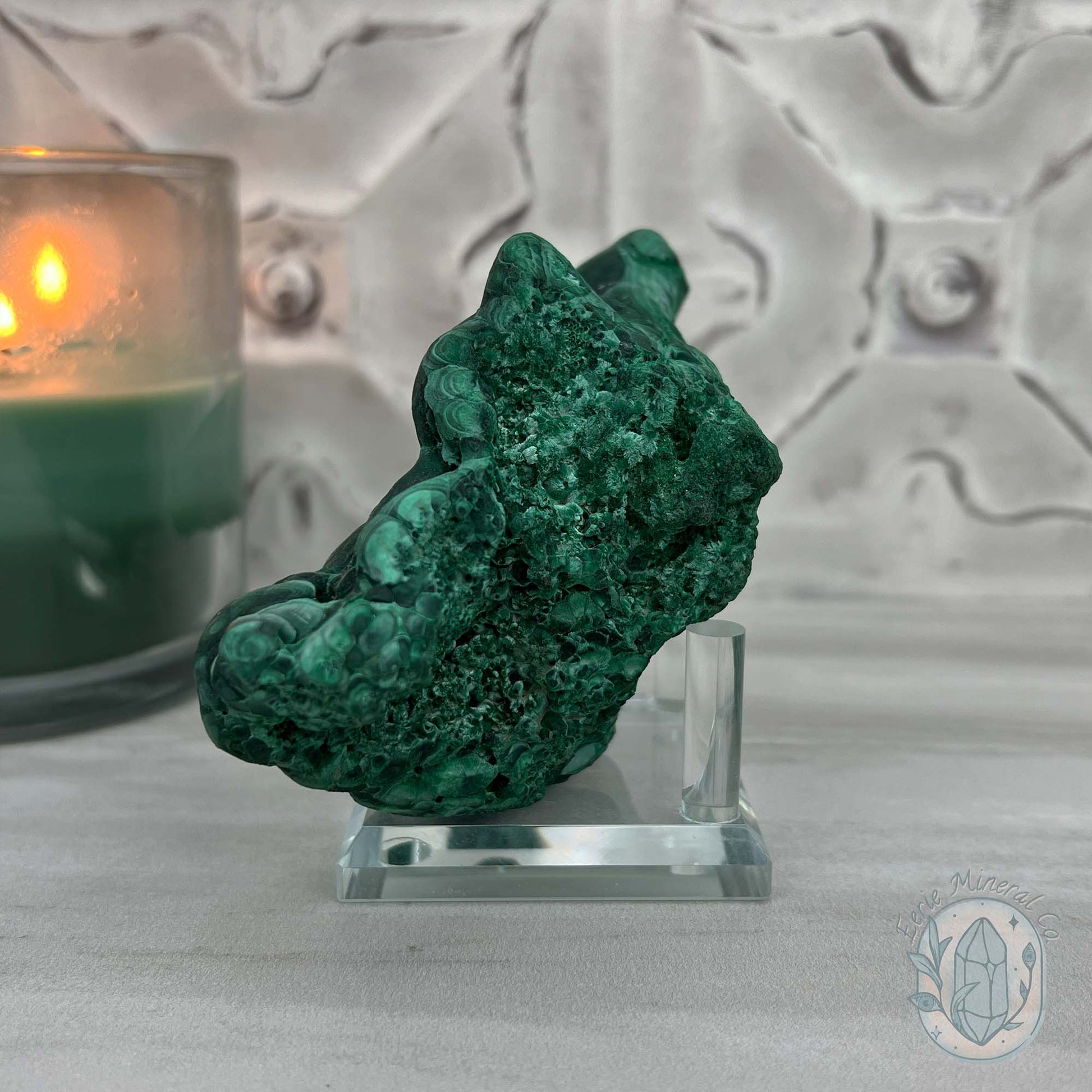 Silky Velvet Fibrous Malachite Specimen with Display Stand