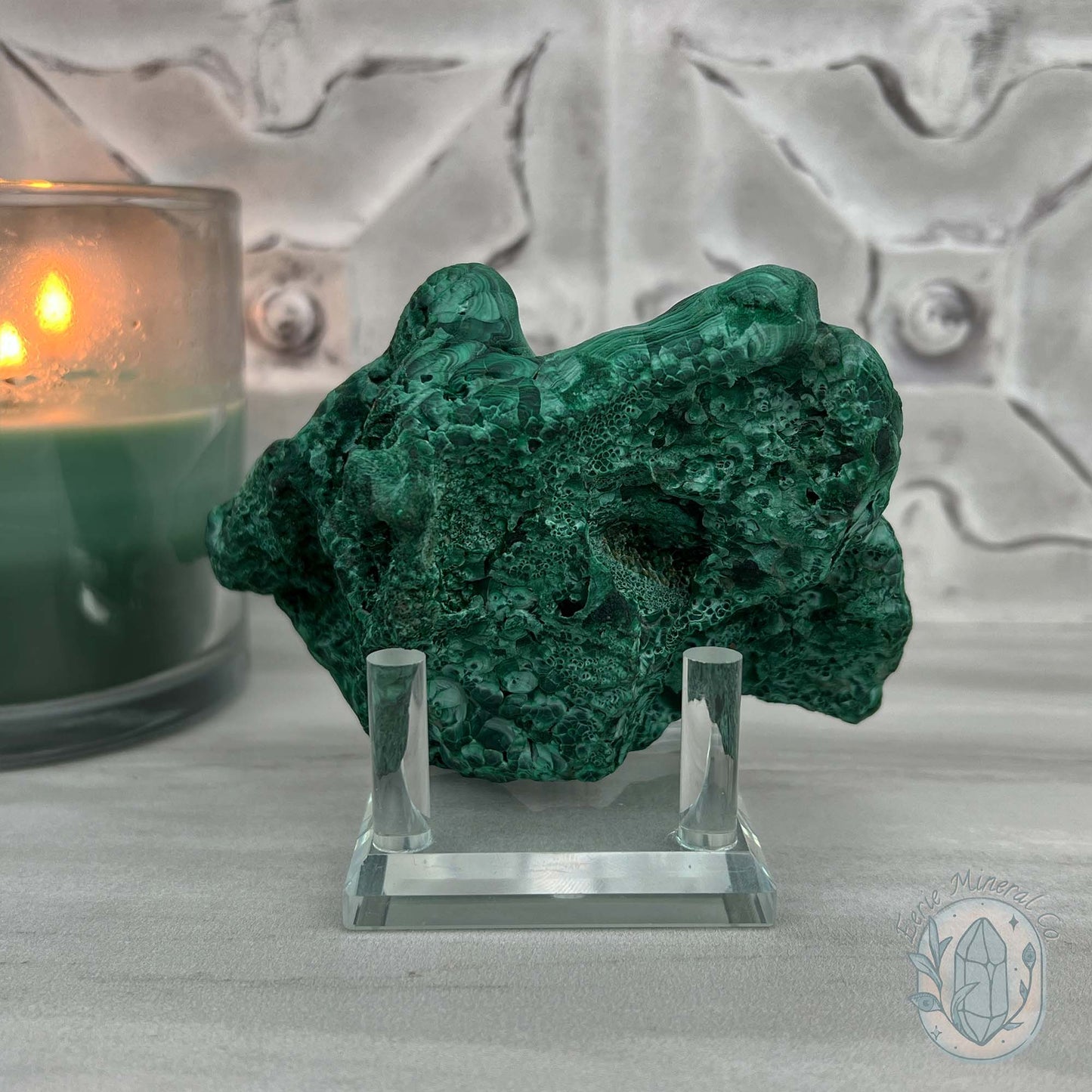 Silky Velvet Fibrous Malachite Specimen with Display Stand