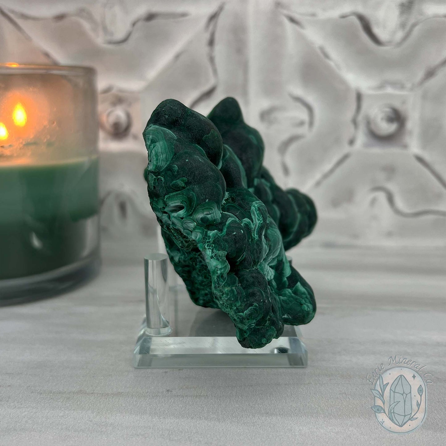 Silky Velvet Fibrous Malachite Specimen with Display Stand