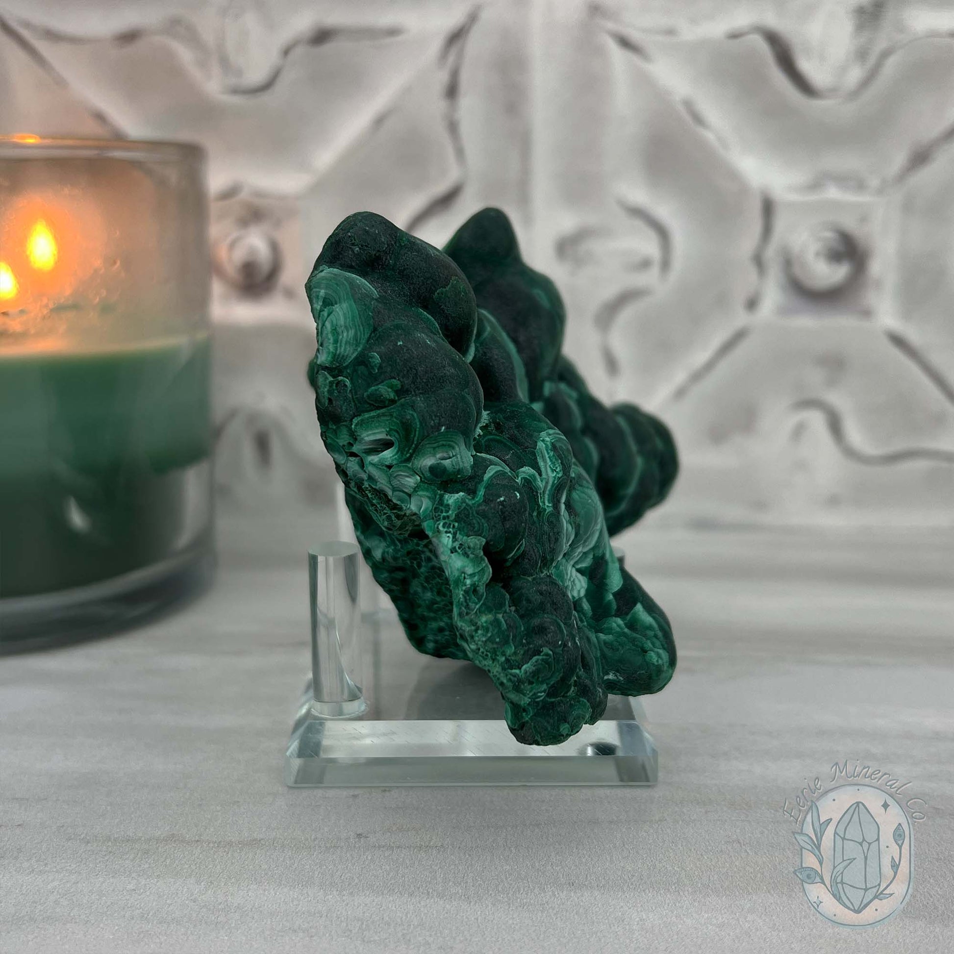 Silky Velvet Fibrous Malachite Specimen with Display Stand