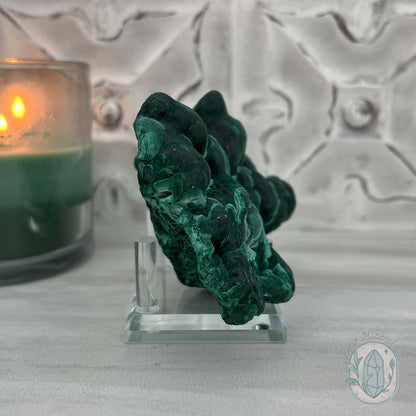 Silky Velvet Fibrous Malachite Specimen with Display Stand