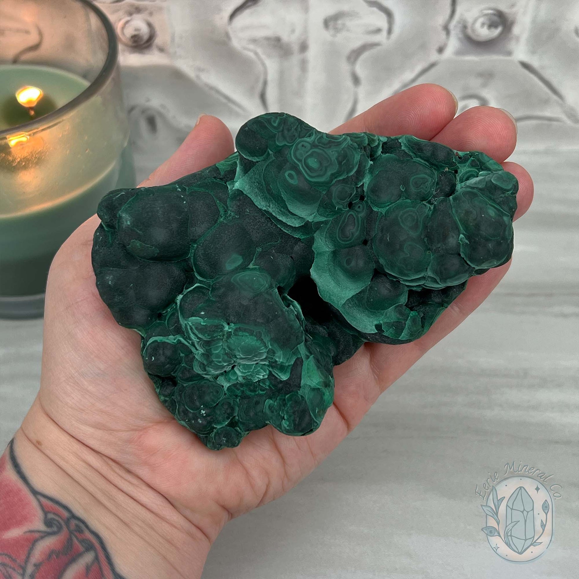 Silky Velvet Fibrous Malachite Specimen with Display Stand