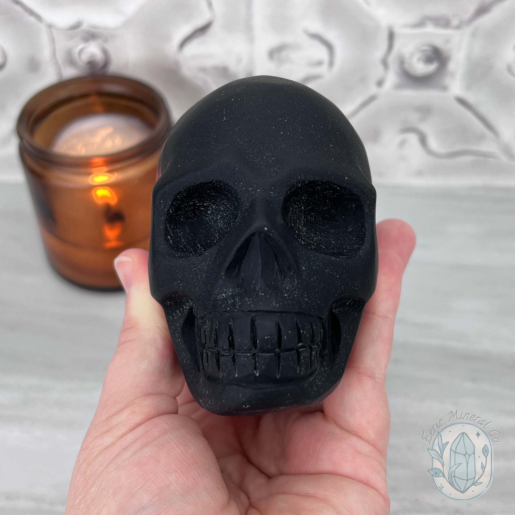 Black Obsidian Skull Carving with Matte Finish