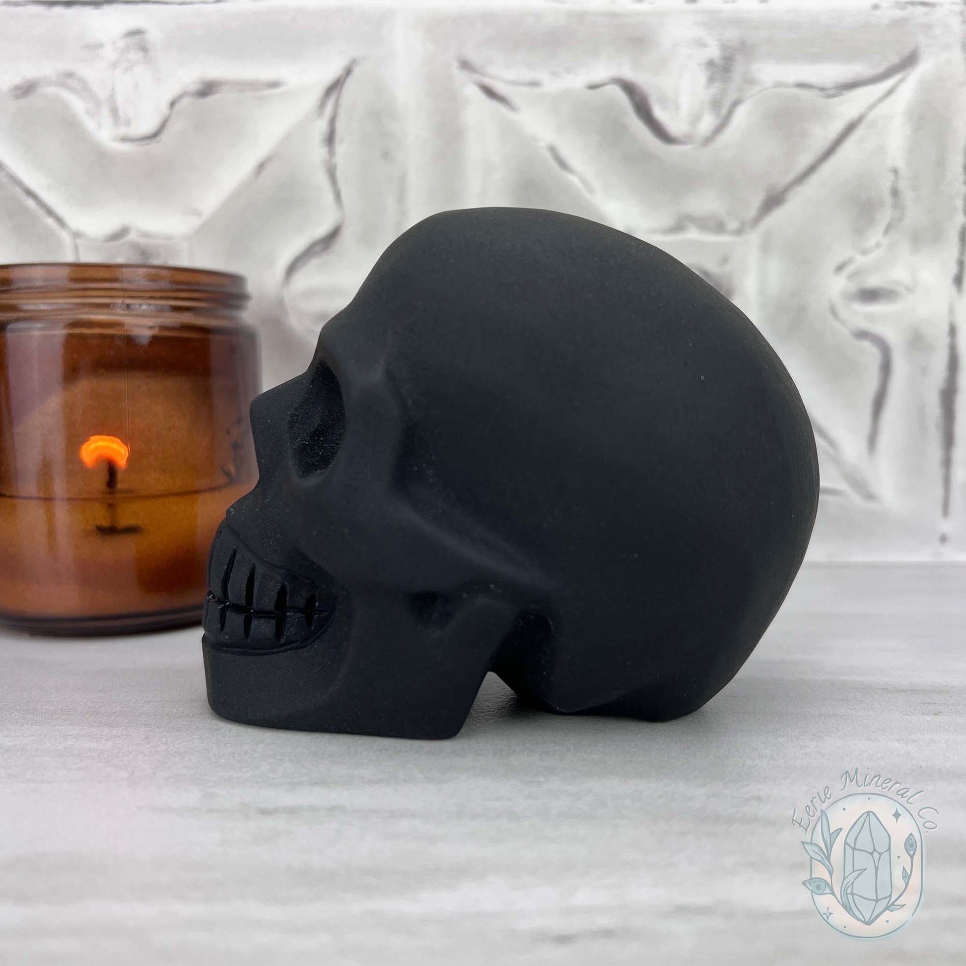 Black Obsidian Skull Carving with Matte Finish