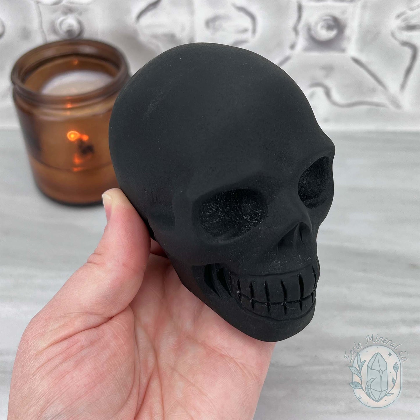 Black Obsidian Skull Carving with Matte Finish