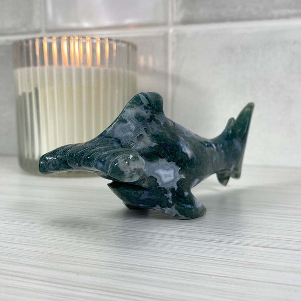 Polished Moss Agate Hammerhead Carving