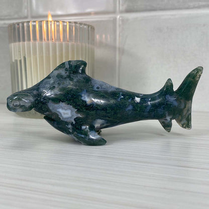 Polished Moss Agate Hammerhead Carving