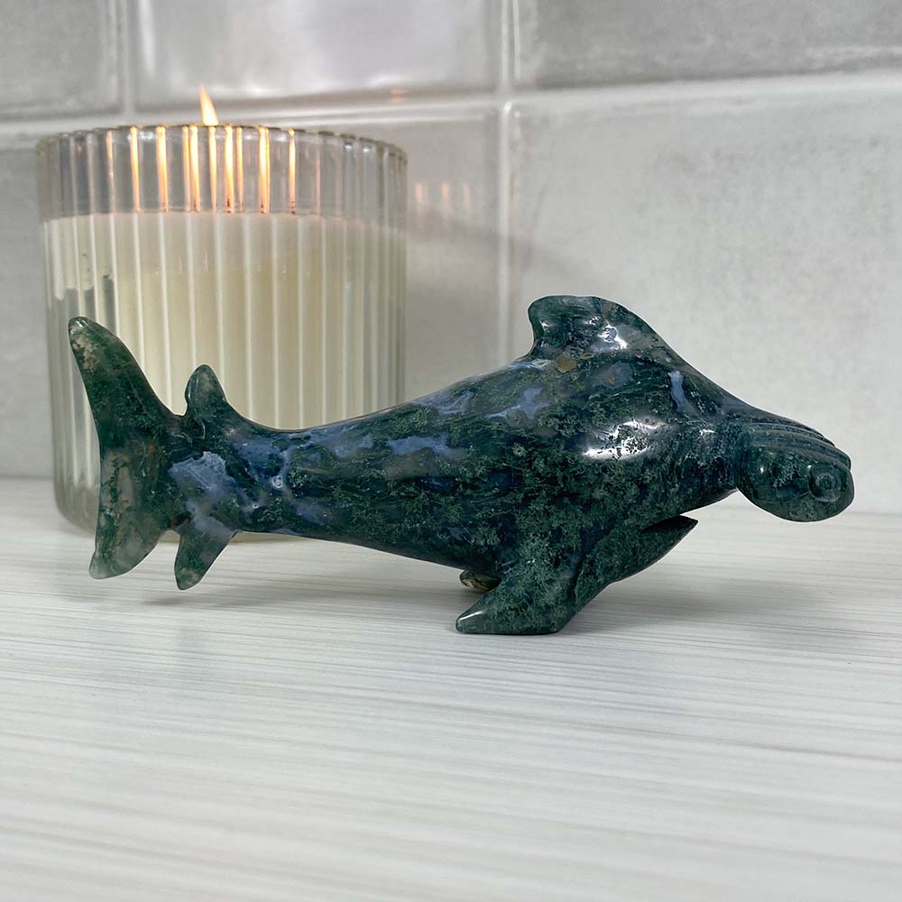 Polished Moss Agate Hammerhead Carving