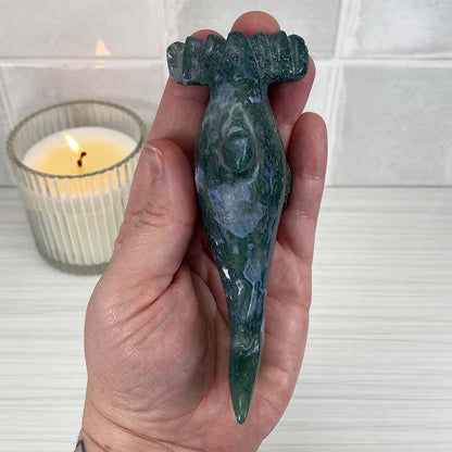 Polished Moss Agate Hammerhead Carving