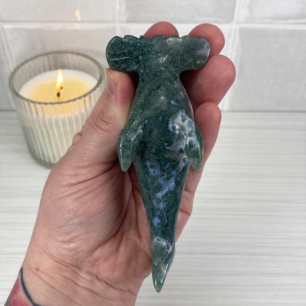 Polished Moss Agate Hammerhead Carving
