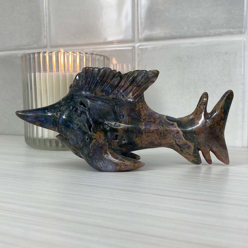Polished Moss Agate Sailfish Carving