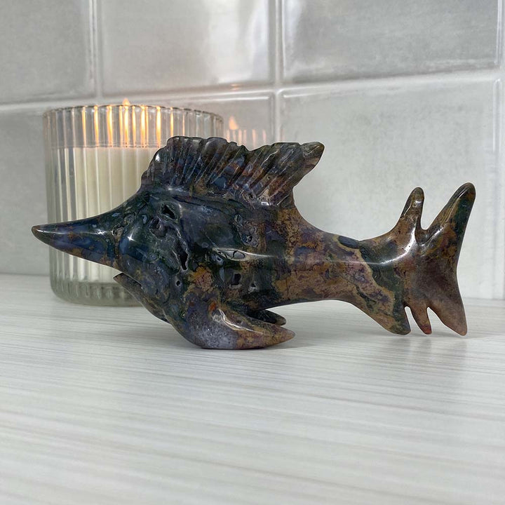 Polished Moss Agate Sailfish Carving