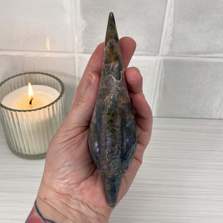 Polished Moss Agate Sailfish Carving