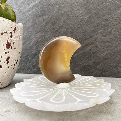 Natural Flower Agate Moon Carving
