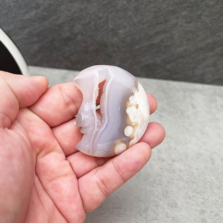 Natural Flower Agate Moon Carving