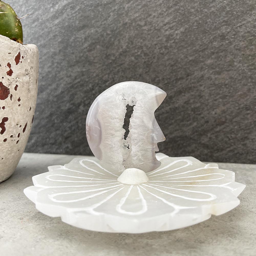 Natural Flower Agate Moon Carving