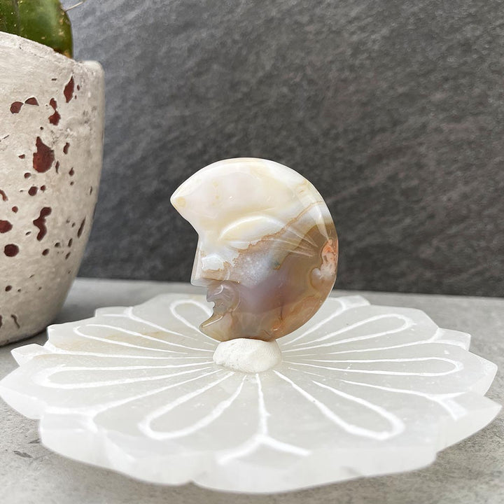 Natural Flower Agate Moon Carving