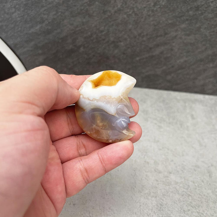Natural Flower Agate Moon Carving