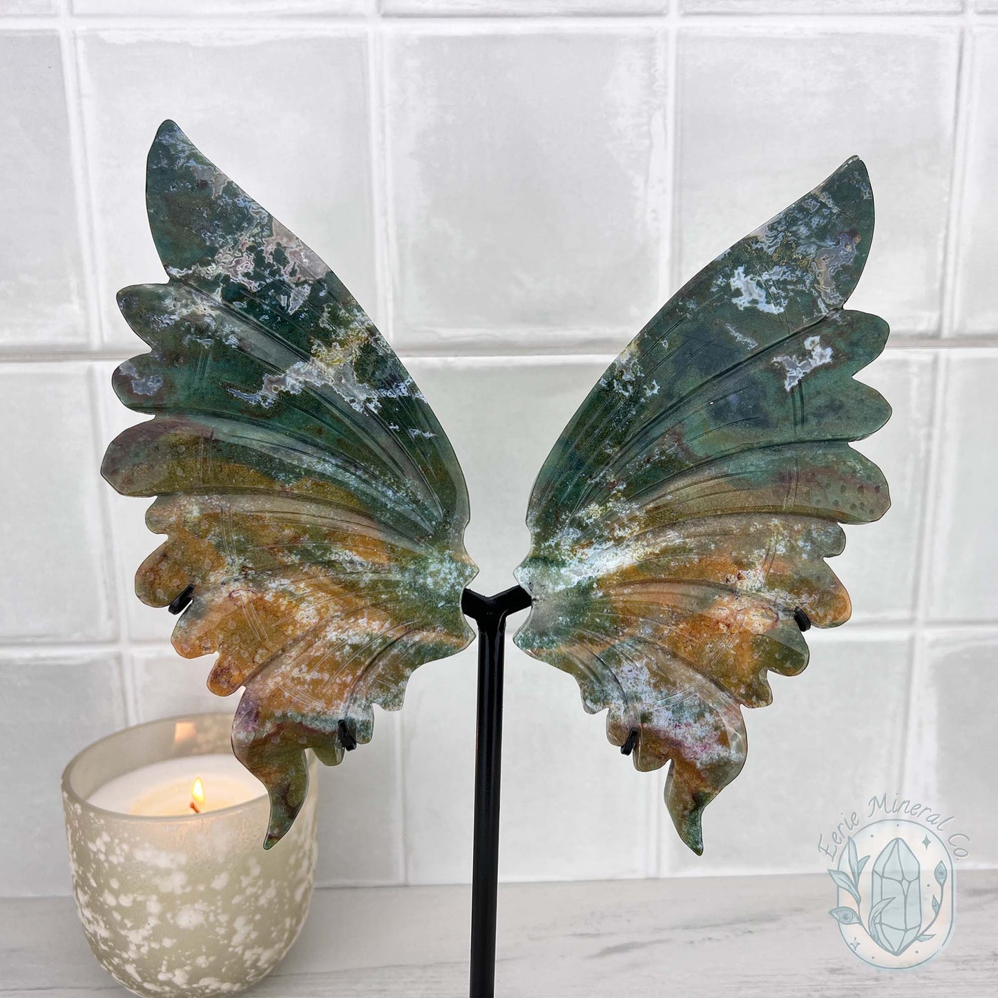 Polished Ocean Jasper Butterfly Wings on Stand