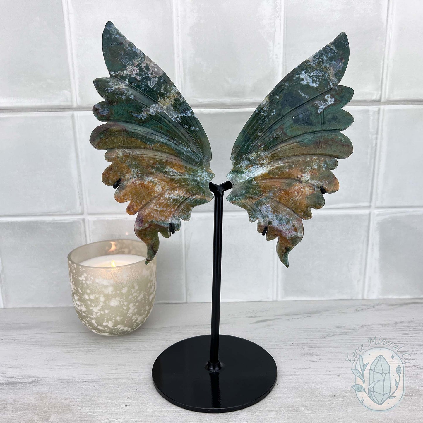 Polished Ocean Jasper Butterfly Wings on Stand