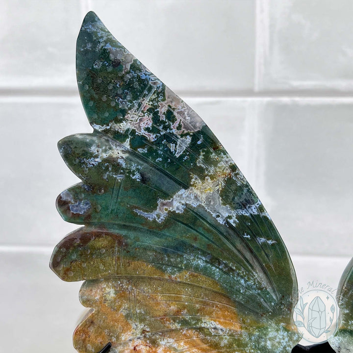 Polished Ocean Jasper Butterfly Wings on Stand