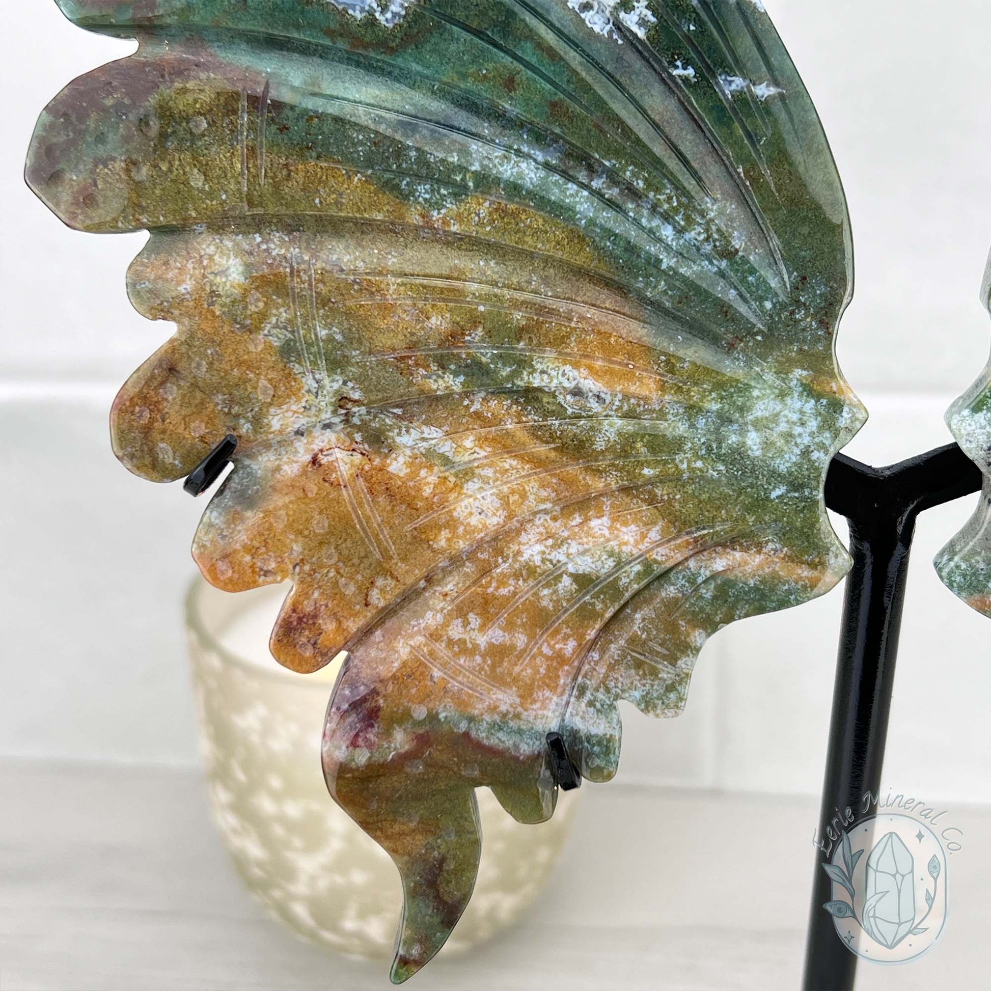 Polished Ocean Jasper Butterfly Wings on Stand