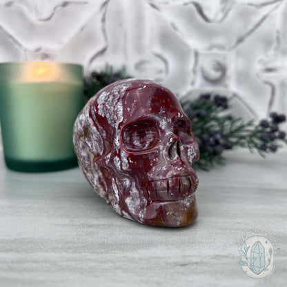 Red and White Ocean Jasper Skull Carving