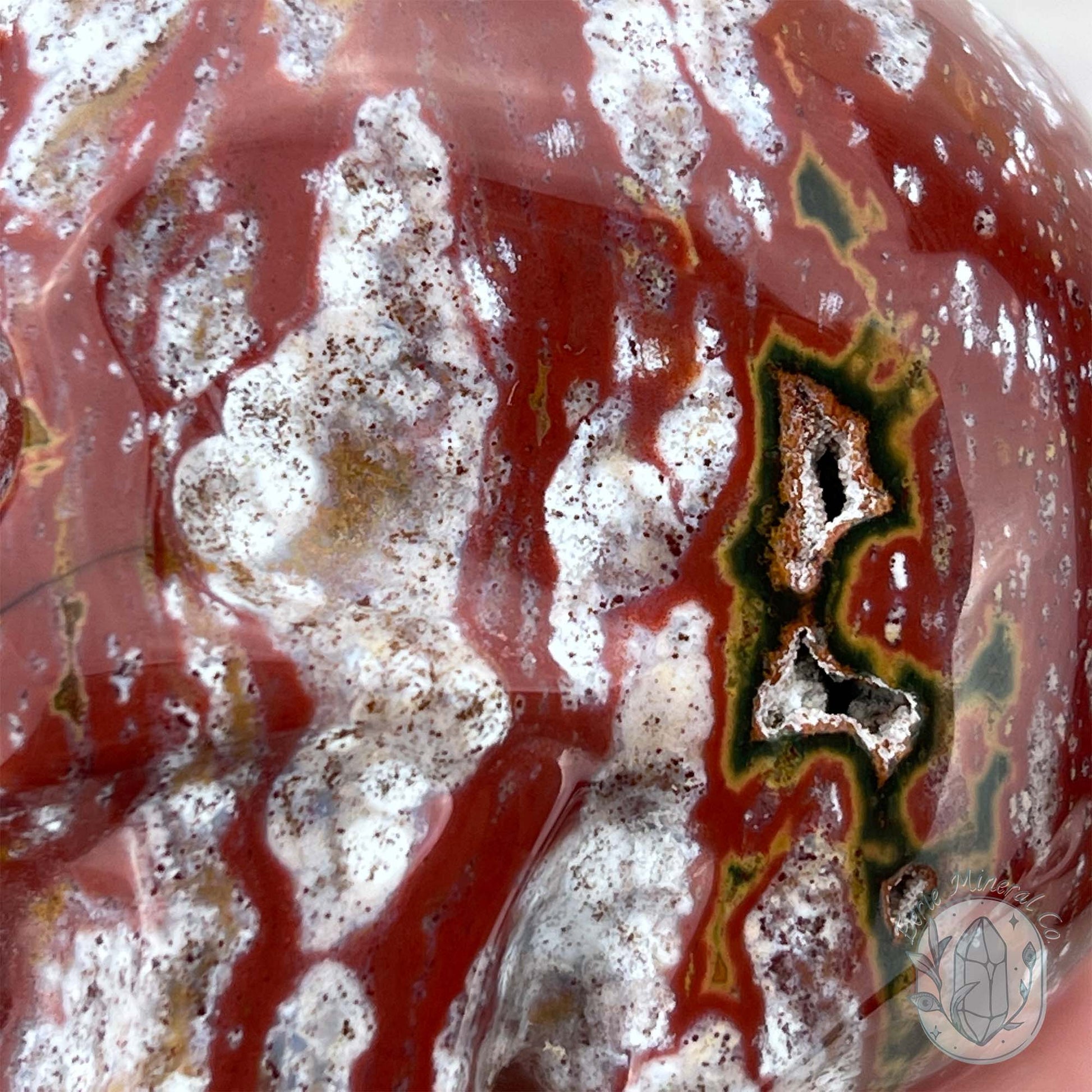 Red and White Ocean Jasper Skull Carving