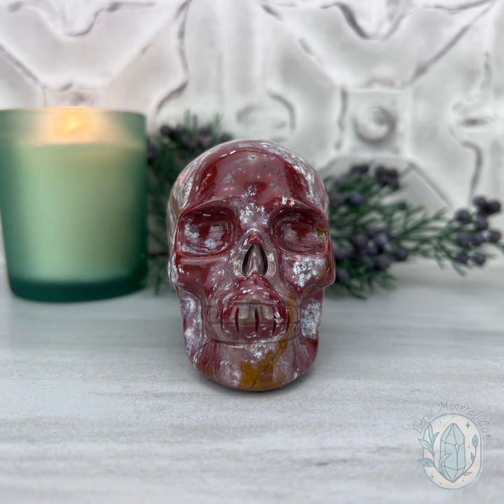 Red and White Ocean Jasper Skull Carving