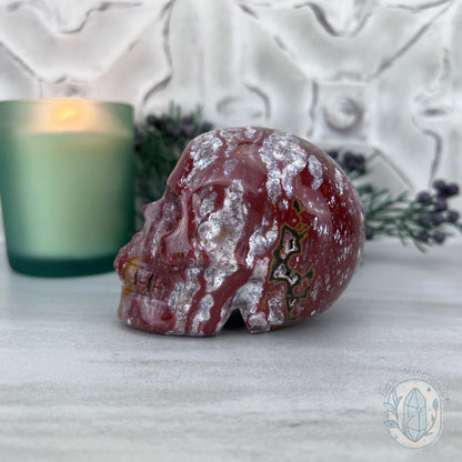 Red and White Ocean Jasper Skull Carving