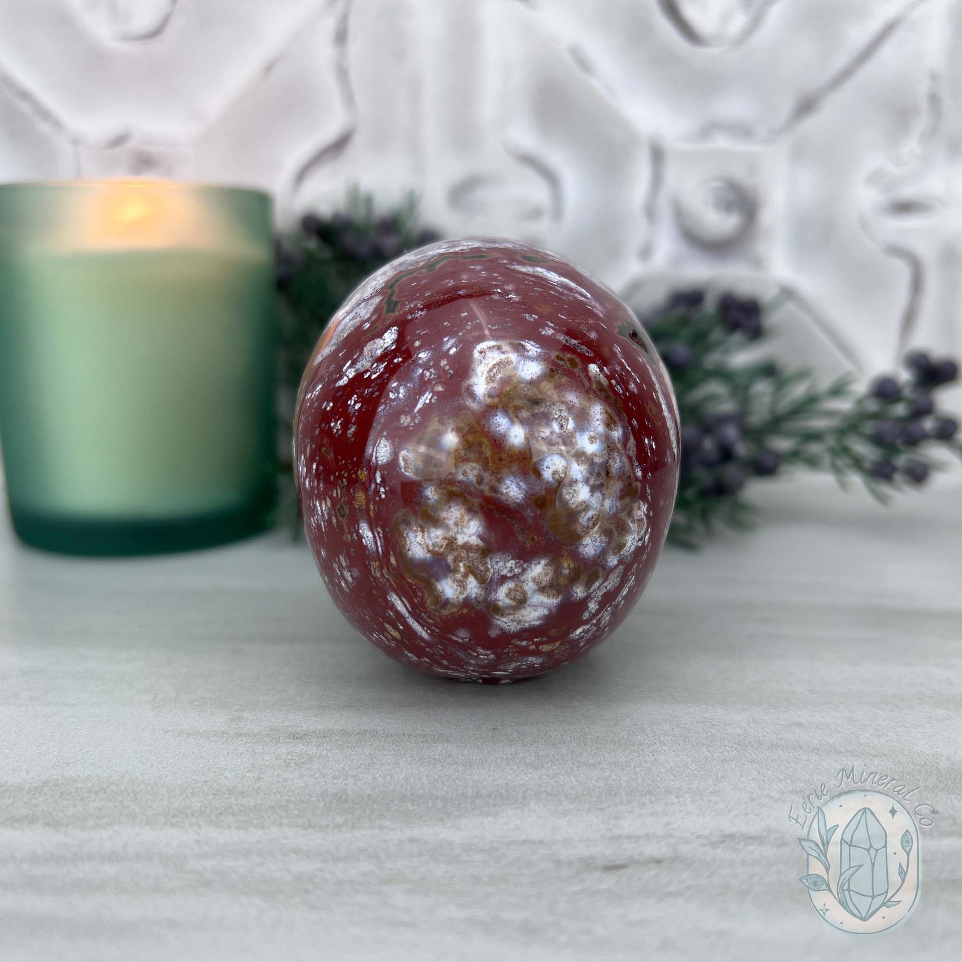 Red and White Ocean Jasper Skull Carving