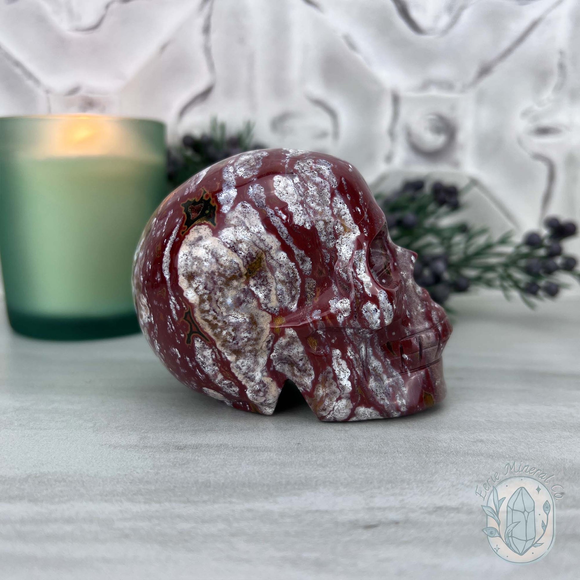 Red and White Ocean Jasper Skull Carving