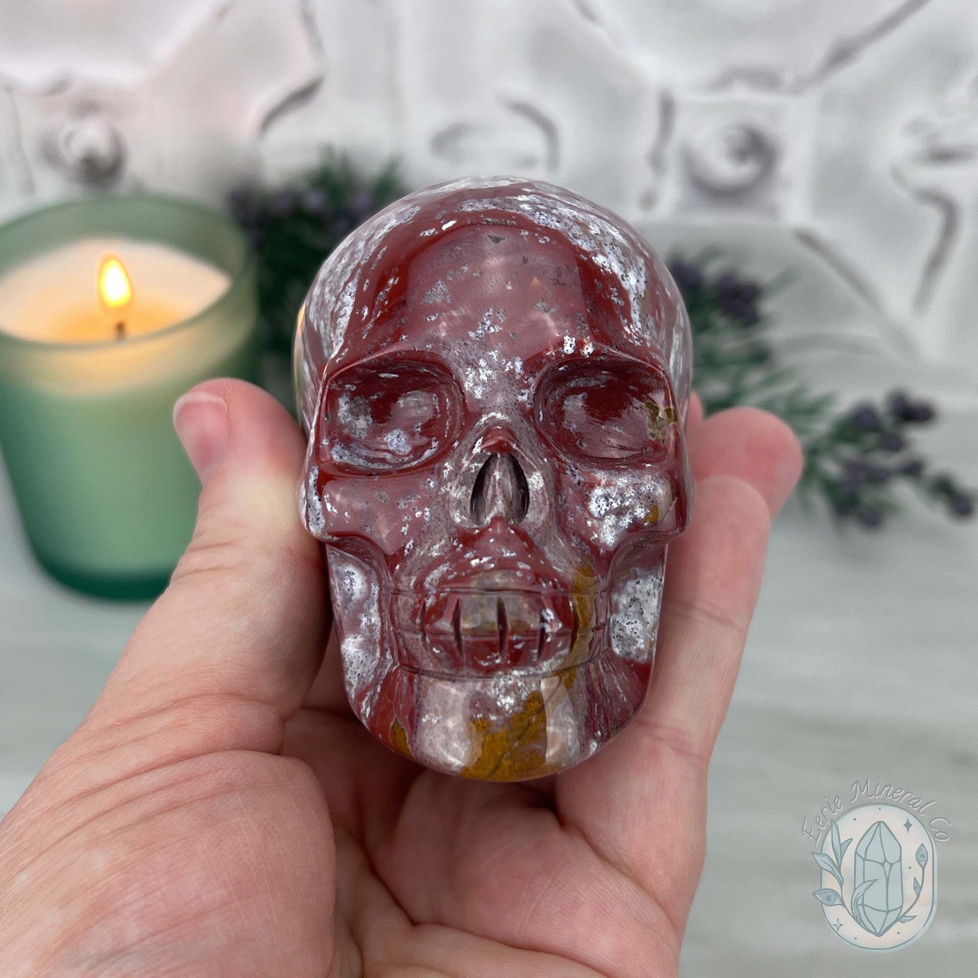 Red and White Ocean Jasper Skull Carving