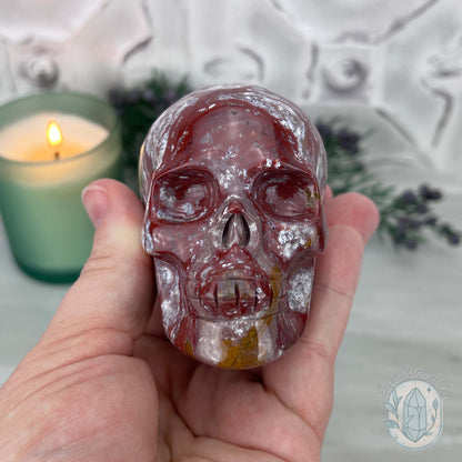 Red and White Ocean Jasper Skull Carving
