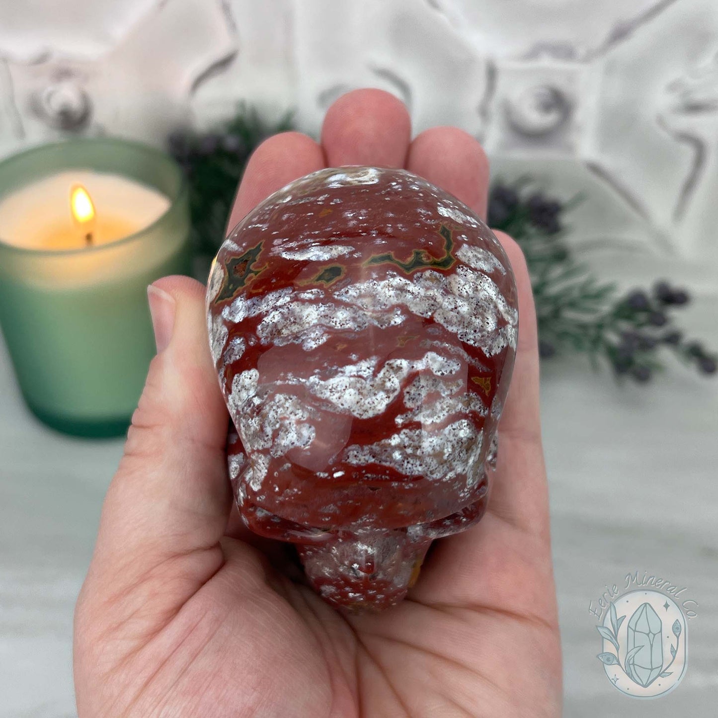 Red and White Ocean Jasper Skull Carving