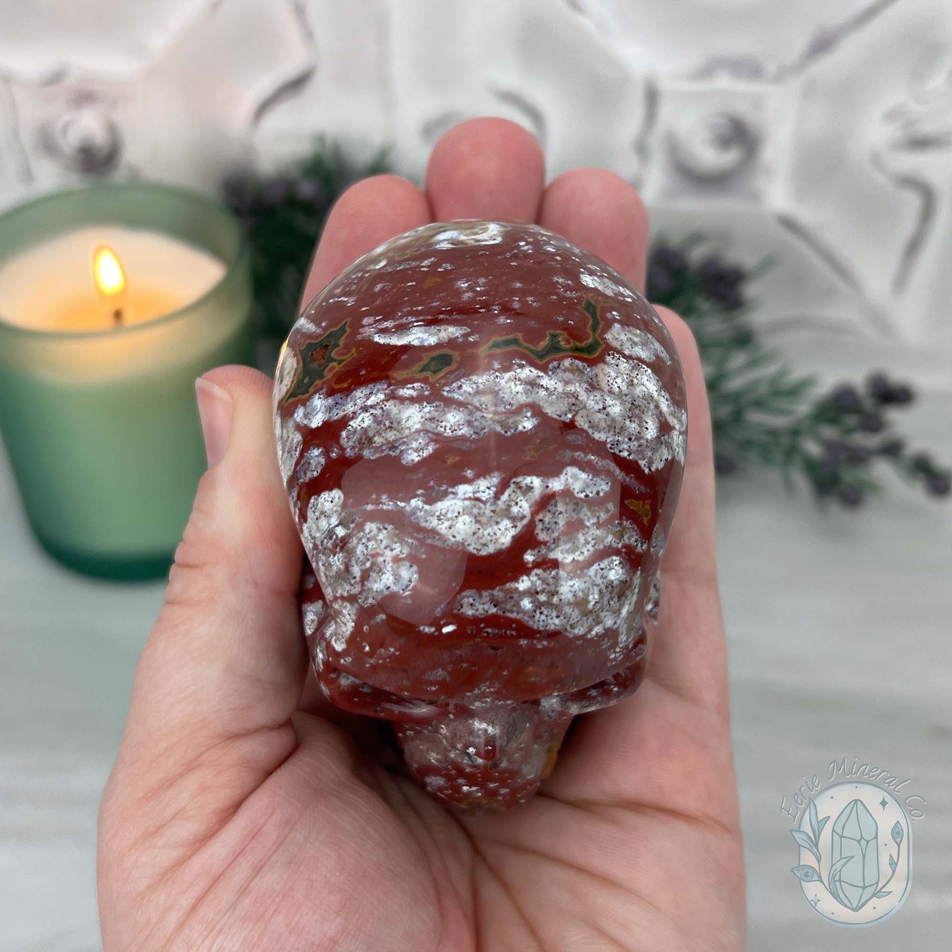 Red and White Ocean Jasper Skull Carving