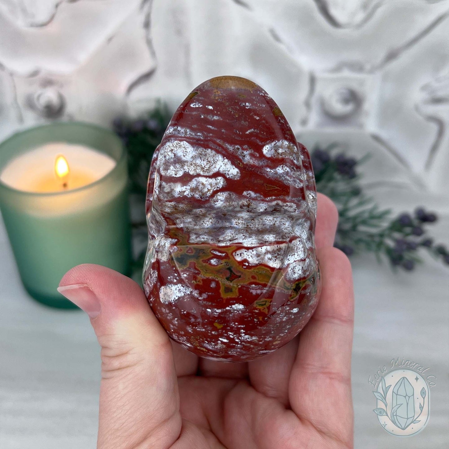 Red and White Ocean Jasper Skull Carving