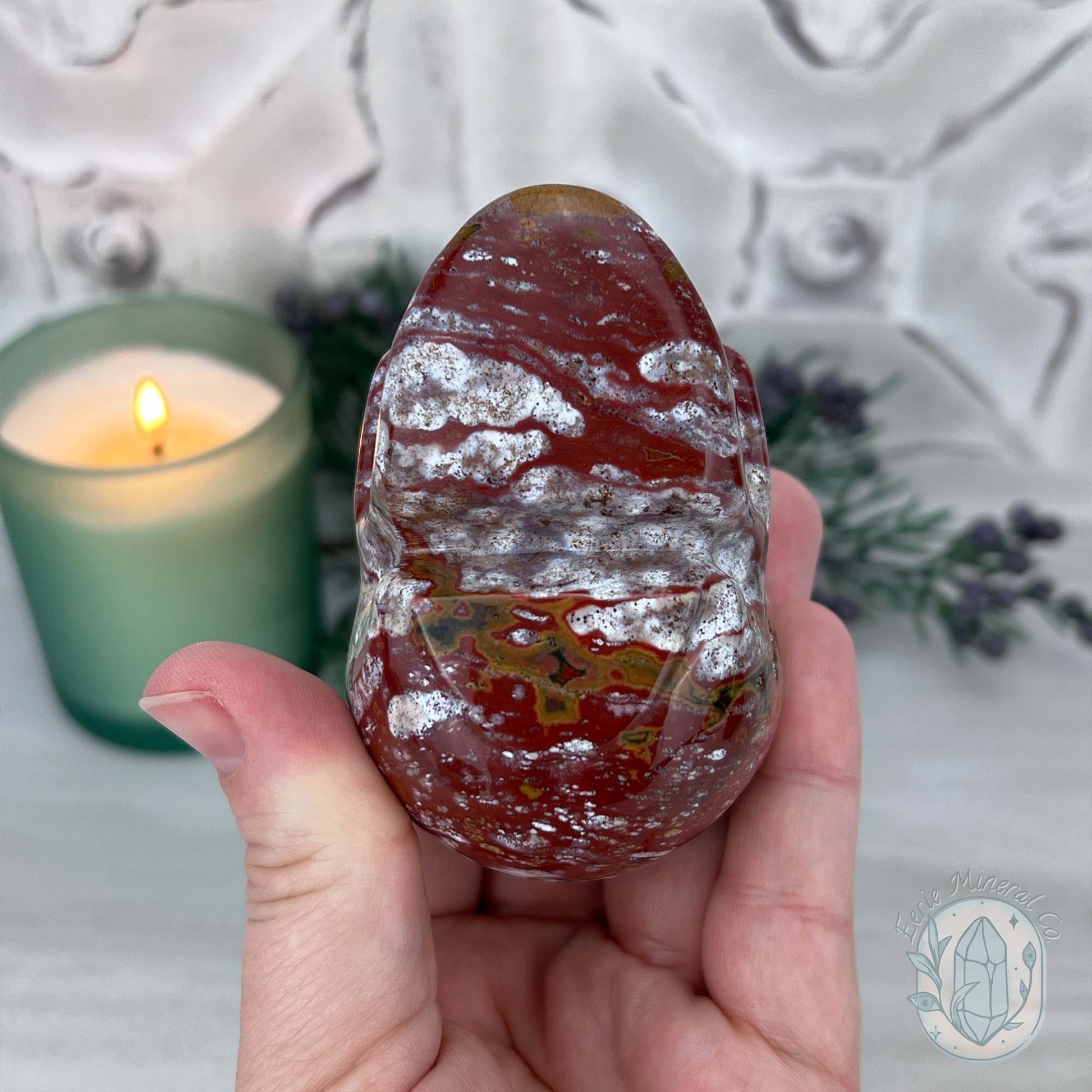 Red and White Ocean Jasper Skull Carving