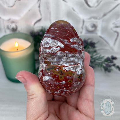 Red and White Ocean Jasper Skull Carving
