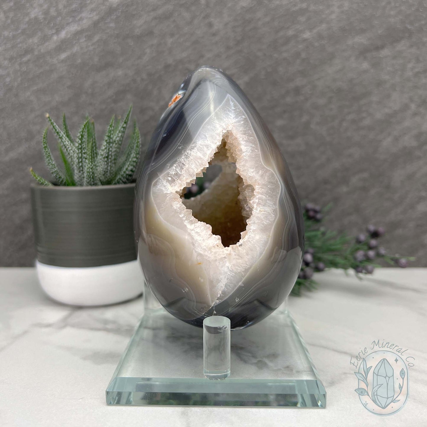 Orca Agate with Quartz Geode Egg with Display Stand