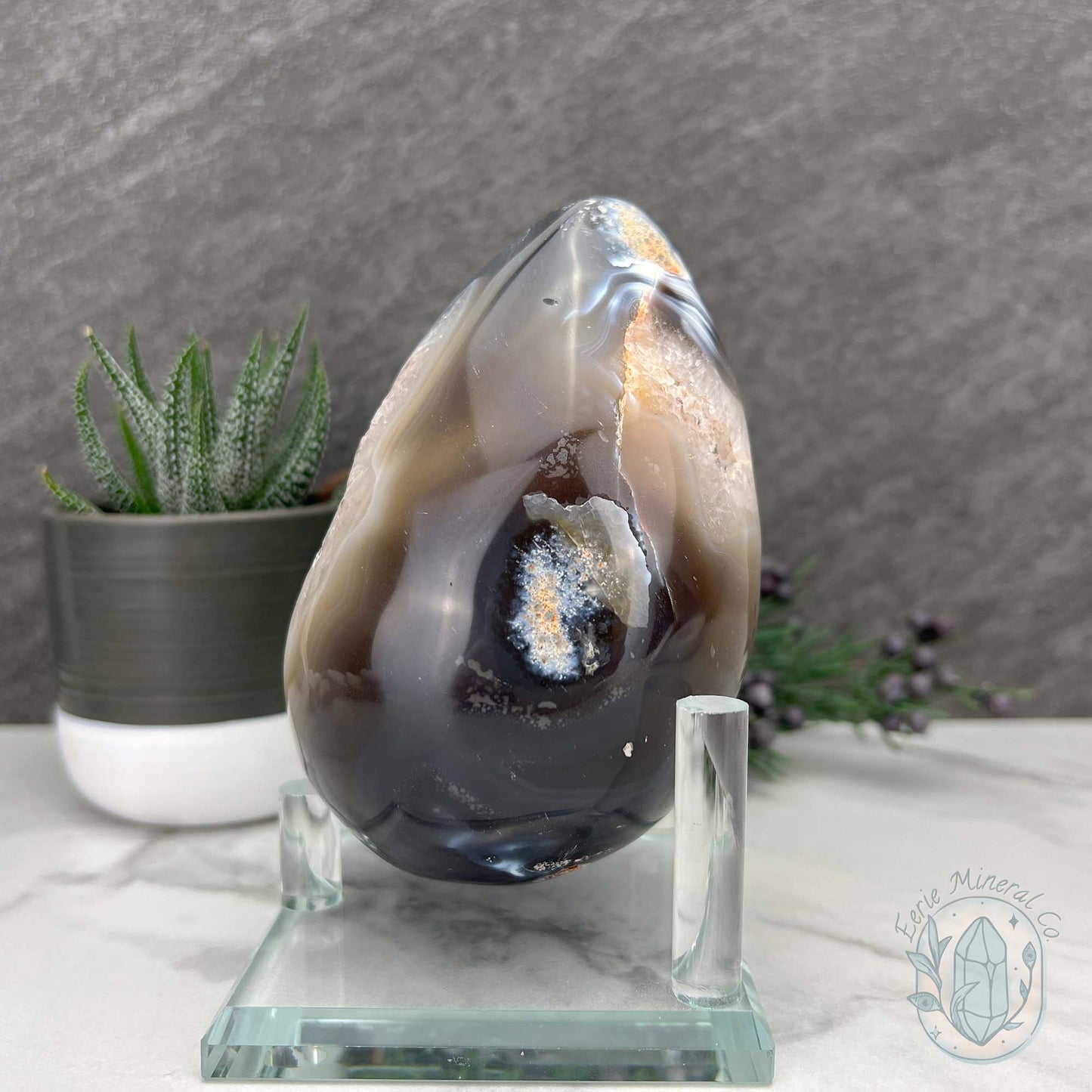 Orca Agate with Quartz Geode Egg with Display Stand