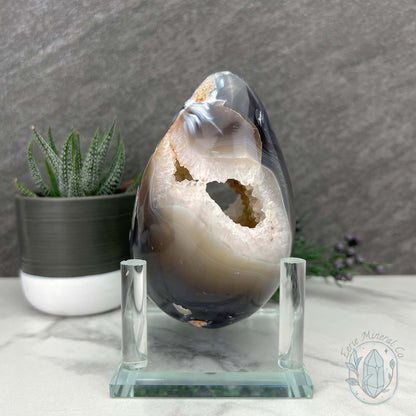 Orca Agate with Quartz Geode Egg with Display Stand