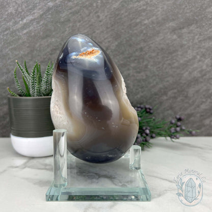 Orca Agate with Quartz Geode Egg with Display Stand