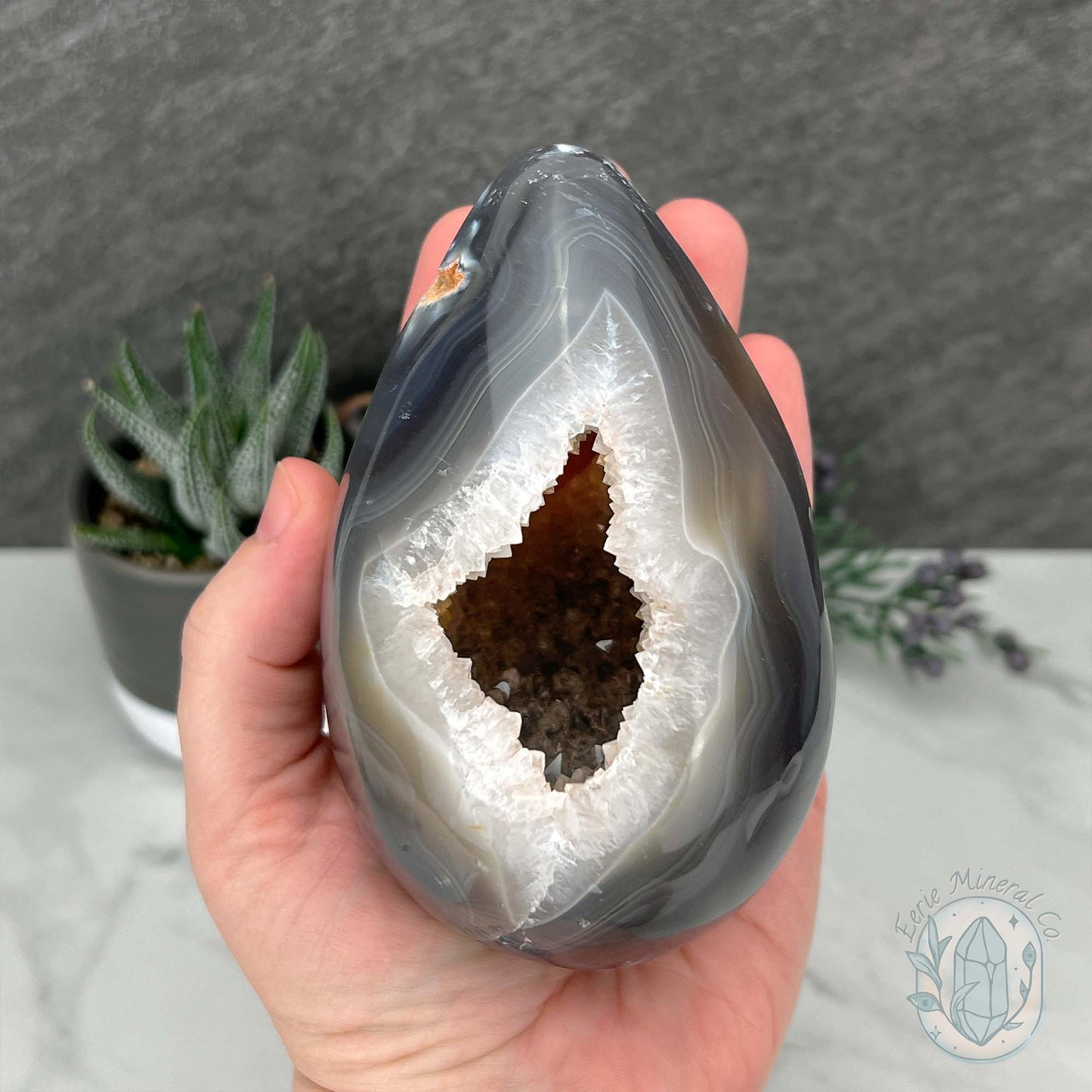 Orca Agate with Quartz Geode Egg with Display Stand