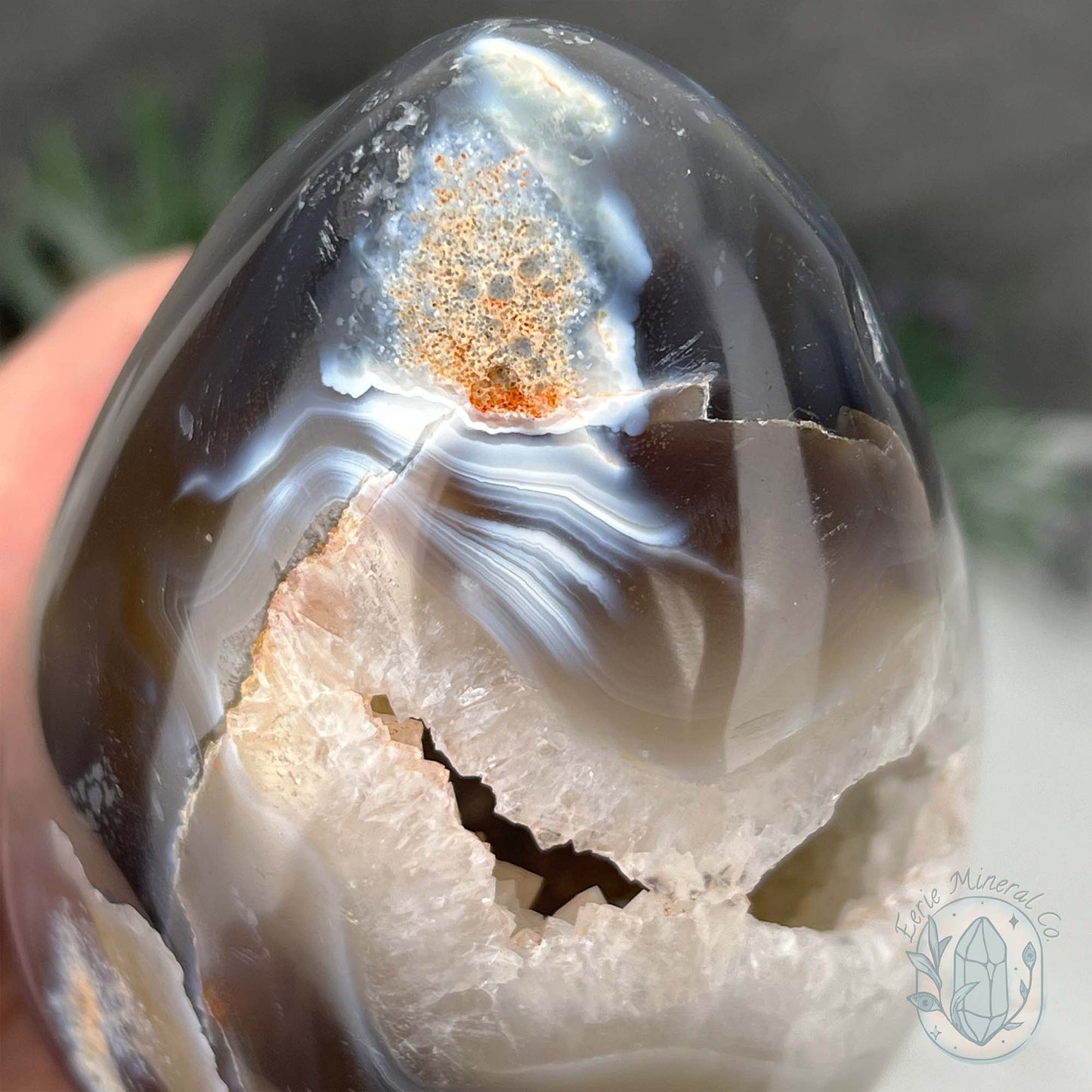Orca Agate with Quartz Geode Egg with Display Stand